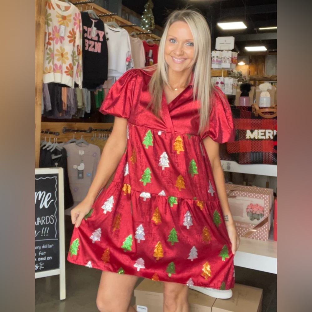 Simply Southern Sparkle Red Women’s Large Christmas Tree Dress